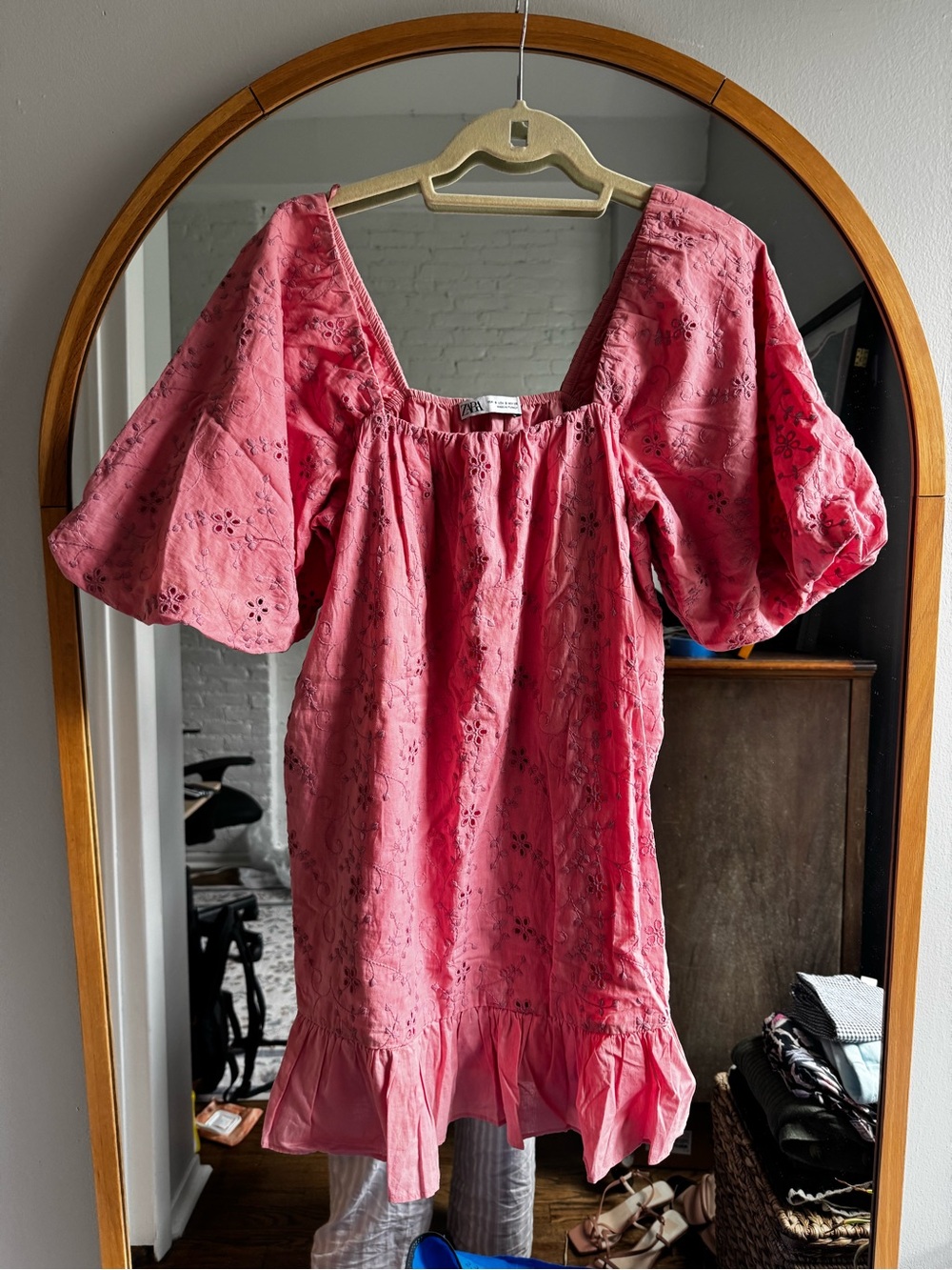 Zara Pink Eyelet Puff Sleeve Mini Dress